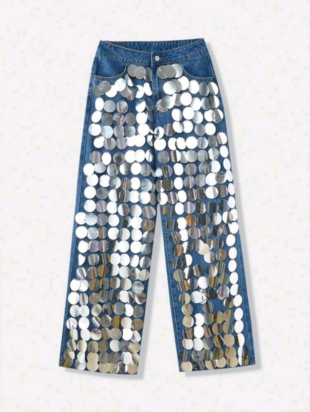 Denim Jean Baggy Straight Pant Versatile Sequin Glitter Shine Sparkle Bedazzle - Picture 8 of 10